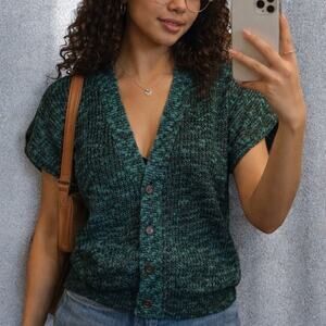 Vintage 80s/90s Kate Collins Marled Green Black Knit Button Front Sweater Vest